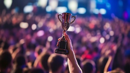 Hand Holding Silver Trophy Up Above Crowd at Award Ceremony