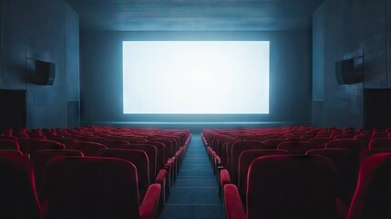 An empty cinema hall with plush red seats arranged in rows, facing a large white screen. The silent hall is ready for an audience.