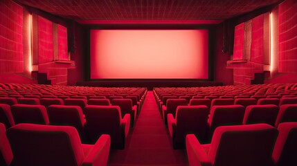 Fototapeta premium An empty movie theater with neat rows of red seats, the large blank screen glowing in the dim lighting of the cinema hall.