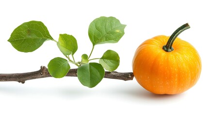 Small orange pumpkin with green leaves on a branch.
