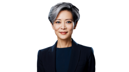 Portrait of a smiling senior Asian businesswoman in suit, professional headshot, isolated on transparent background