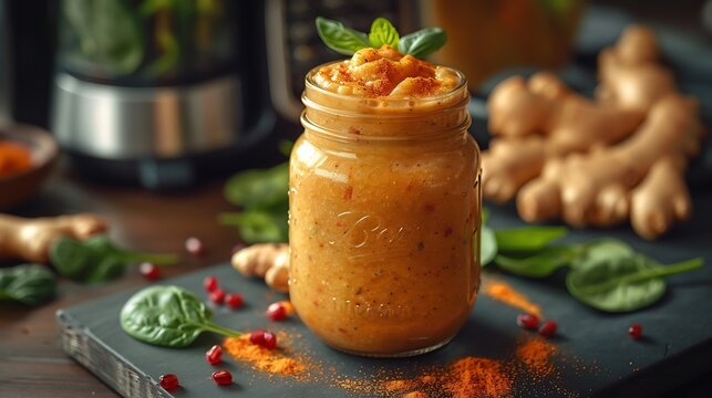 Tamarind smoothie mixed spinach ginger served mason jar glass focus blending station softly blurred background showing tamarind a nutritious and refreshing ingredient Scientific name Tamarindus indica