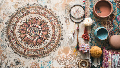 Obraz premium A collection of mandalas, dreamcatchers, and earthy tones, with intricate patterns and a warm, laid-back atmosphere