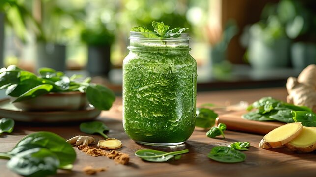 Tamarind smoothie mixed spinach ginger served mason jar glass focus blending station softly blurred background showing tamarind a nutritious and refreshing ingredient Scientific name Tamarindus indica