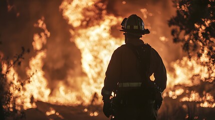 Naklejka premium A firefighter stands in silhouette in front of a raging wildfire.