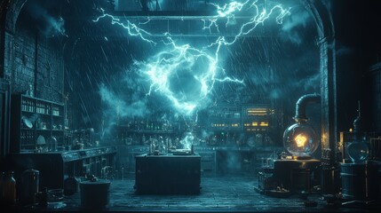 Eerie Frankenstein Laboratory with Tesla Coils and Bubbling Potions in a Dark Stormy Night - 3D Illustration
