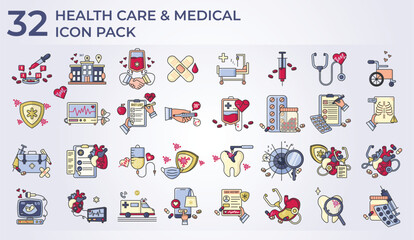 filled color icon pack set of health care and medical icon illustration vector design, various bundle collection