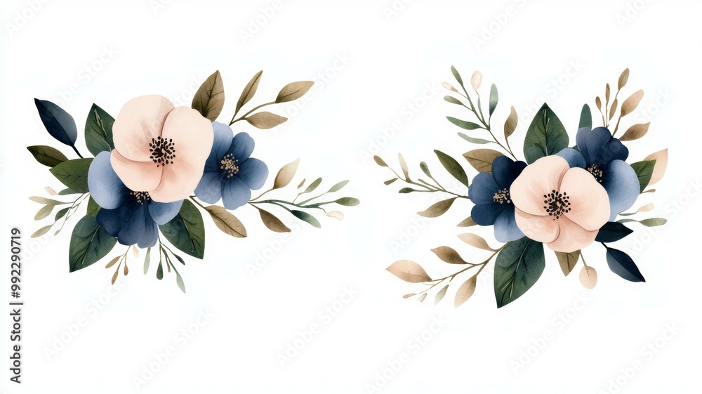 Wall mural Two flowers with green leaves and blue petals