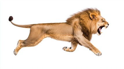 Obraz premium A lion is running with its mouth open, showing its teeth