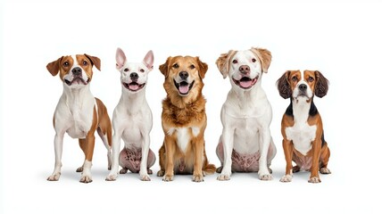 A group of dogs are sitting in a row, with one of them being a mutt