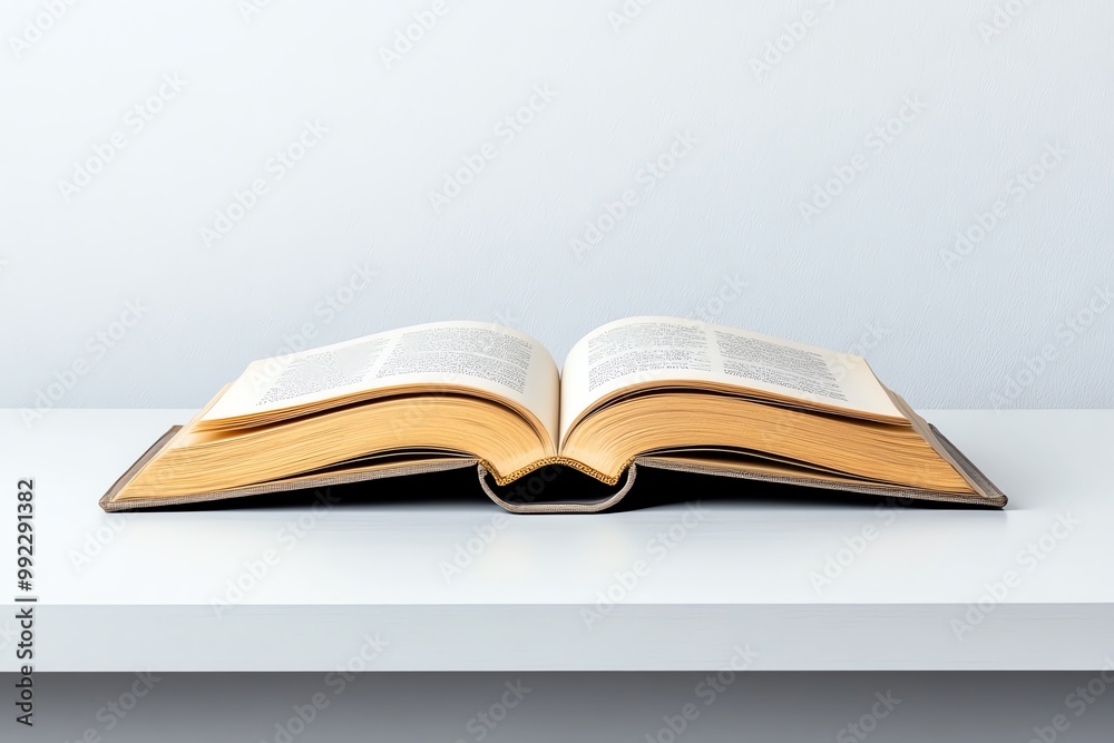 Aufkleber A minimalist desk with a single book, open to a page with simple text and a clean, white background
