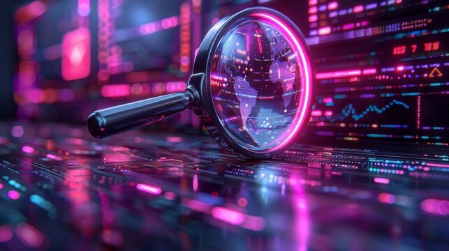 Magnifying Glass Exploring Global Digital Landscape. Cybersecurity and Data Analysis Concept.
