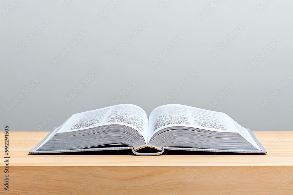 Poster A minimalist desk with a single book, open to a page with simple text and a clean, white background