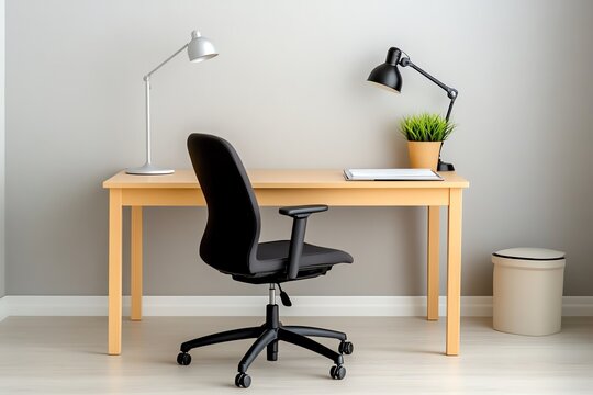 A minimalist home office with a single chair, desk, and lamp, promoting a calm, productive atmosphere