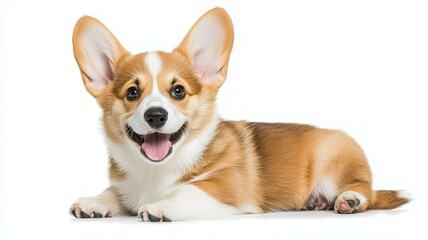 A happy dog with a big ear is laying on a white background