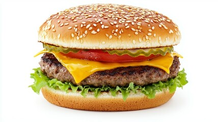 A hamburger with cheese and pickles on top