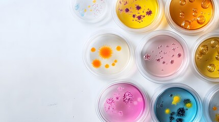 Fototapeta premium Colorful Liquid Cultures in Petri Dishes on a White Background