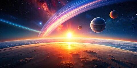 Bright and colorful depiction of a planetary atmosphere during sunrise, with shades of pink and orange hues radiating from the horizon, set against a dark blue and starry sky.