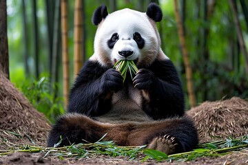 A panda bear sitting in a bamboo forest, chewing on bamboo shoots with a peaceful and contented expression
