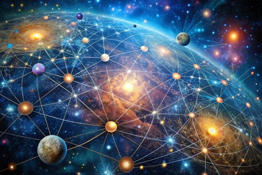 A vivid and dreamlike image of a celestial map, featuring a vibrant and intricate network of galaxies, stars, and cosmic structures, set against a deep and mysterious cosmos.
