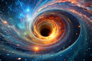 Obraz premium Stunning, high-definition image of a wormhole, with gravity-warped spacetime pathways and a central, swirling vortex.