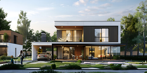 Fototapeta premium Modern Luxury House with Pool, Contemporary Home Exterior Contemporary Architecture Design of a Modern House with Garden 