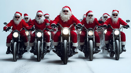 Biker Santas riding motorcycles together in the snow

