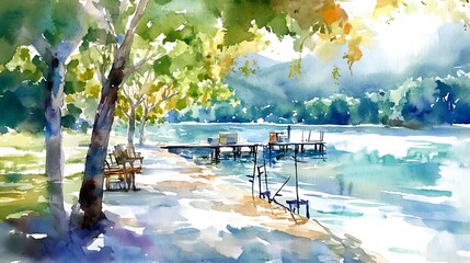 Watercolor Painting of a Tranquil Lakeside Scene with a Wooden Dock and Trees