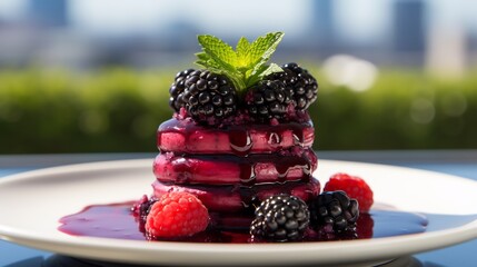 Vibrant elderberry tart served fresh mint honey luxurious rooftop spa brightcolored herbal tea scenic view softly blurred behind creating indulgent yet healthfocused dessert experience Scientific name