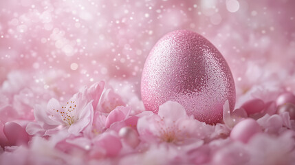Glittery Pink Easter Egg on Cherry Blossom Petals. Sparkling pink egg resting on soft cherry blossom petals with bokeh lights.
