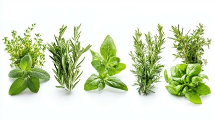 A row of herbs and spices including parsley, rosemary, and basil