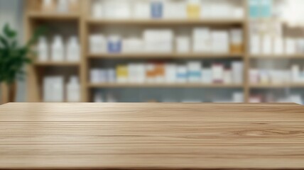 A wooden table with a blurry background of a pharmacy