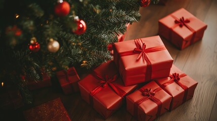 A stack of red gift boxes with ribbons, neatly arranged under a Christmas tree, ready for the festive celebration.