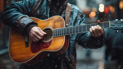 Fototapeta premium Young Musician Practicing Acoustic Guitar in Retro Urban Studio | A Fusion of Art, Music, and Culture as He Masters Melody in a Vintage-Themed Practice Room