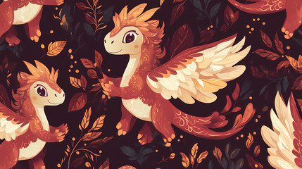 Maroon berry-colored seamless pattern with baby hippogriffs, cute mythic animal, enchanting design. Hippogriff. Illustration