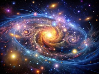 Fototapeta premium Glowing, iridescent tendrils of dark matter swirling around a vibrant, starry galaxy, with subtle, shimmering highlights.