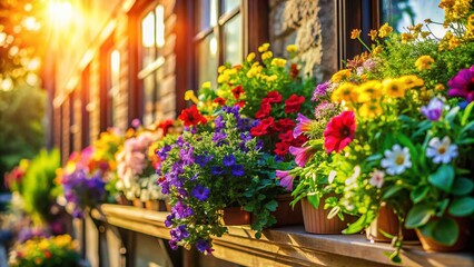 Beautifully arranged window box floral displays showcasing vibrant blooms and lush greenery in sunlight