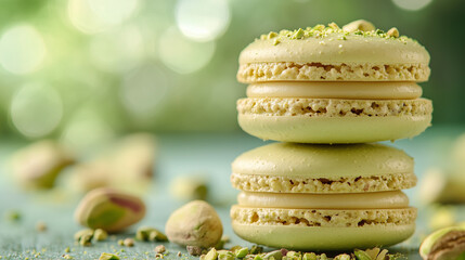 Stack of Green Pistachio Macarons with Crushed Nuts. Two light green pistachio macarons stacked with crushed pistachios on surface.