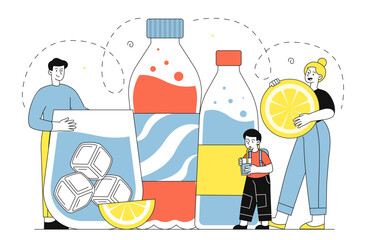 People with carbonated sweet water. Soda and lemonade with ice cubes. Refreshing cold drinks for hot weather and summertime. Linear vector illustration