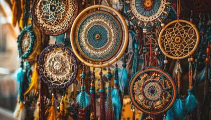 Obraz premium A collection of mandalas, dreamcatchers, and earthy tones, with intricate patterns and a warm, laid-back atmosphere