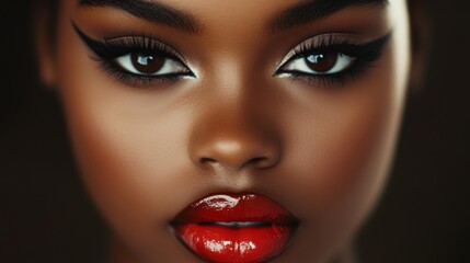 Close-up of a Woman's Face with Bold Red Lipstick and Dramatic Eyeliner