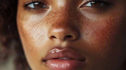 Fototapeta premium Close-up portrait of a woman's face with freckles and glossy lips