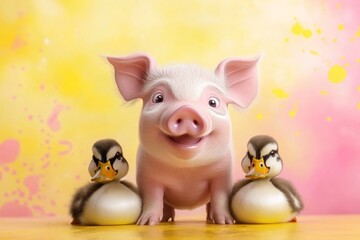 A happy little piglet and two ducklings with wide, sparkling eyes, standing together against a background of yellow and pink watercolor splashes