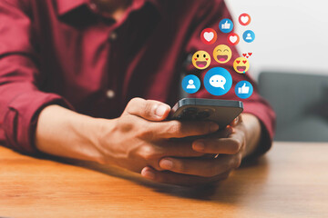 Social media and digital online concept, man using smart phone. The concept of living on vacation and playing social media. Social Distancing ,Working From Home concept. Social media concept.