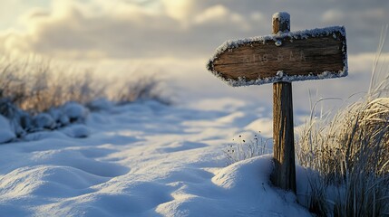 Naklejka premium Snow-covered path sign in a winter landscape.