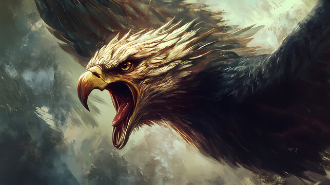 Hippogriff headfull aggressive expression lowbrow surrealist illustratration. Hippogriff. Illustration