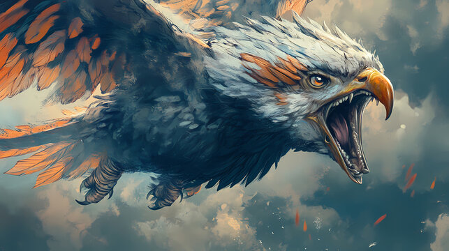 Hippogriff headfull aggressive expression lowbrow surrealist illustratration. Hippogriff. Illustration