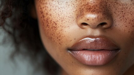 Fototapeta premium Close-up of a person's freckled face with their mouth slightly parted