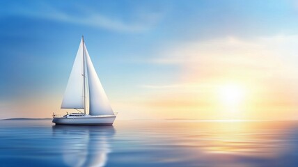 Fototapeta premium A sailboat is sailing on a calm sea with a beautiful sunset in the background