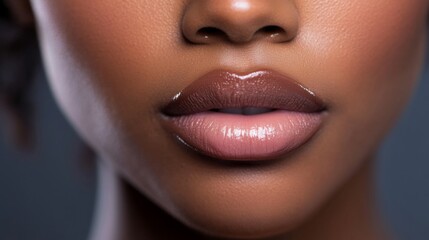 Close-up of a woman's glossy lips and nose